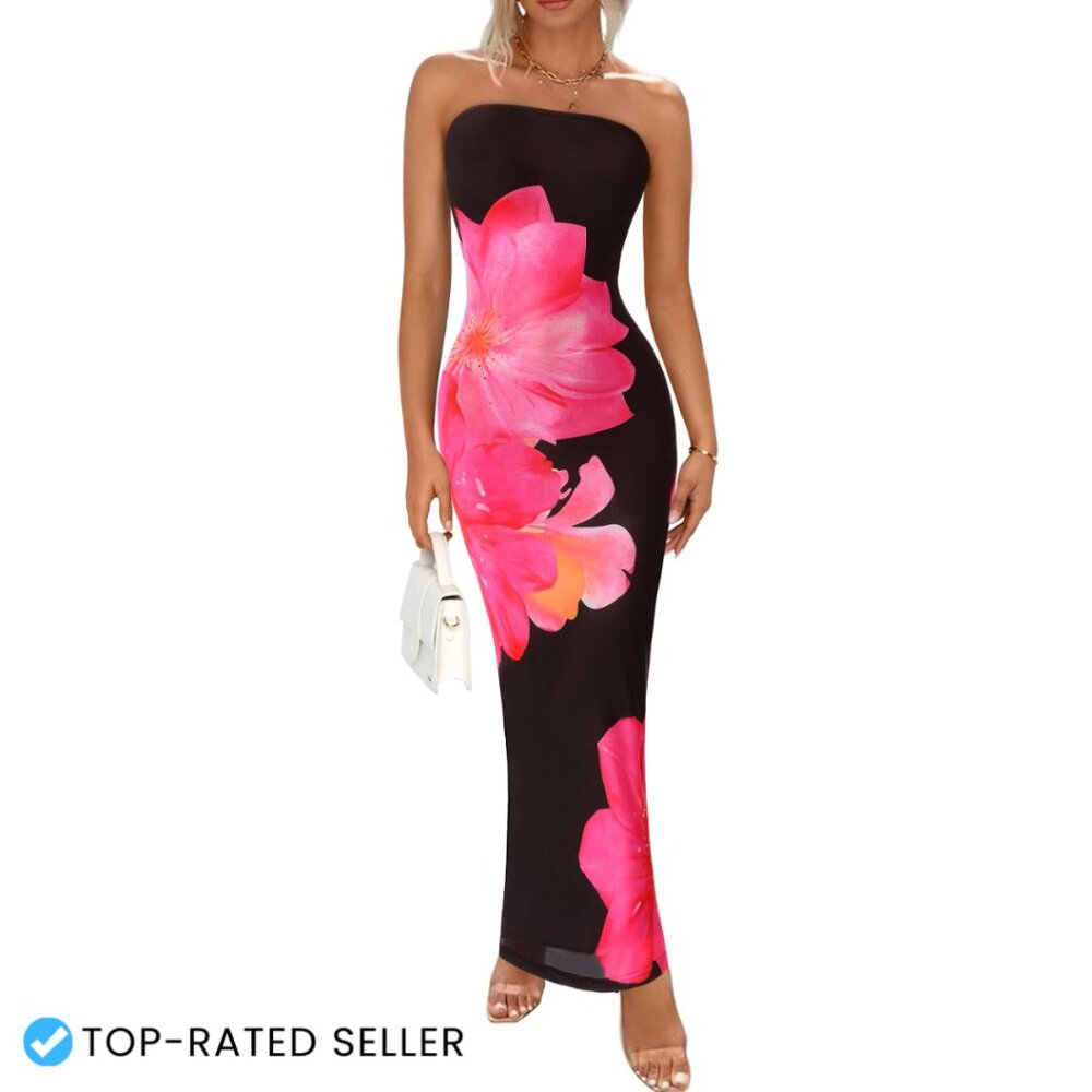 Strapless Bodycon Maxi Dress Floral Mesh Formal Cocktail Elegant Summer